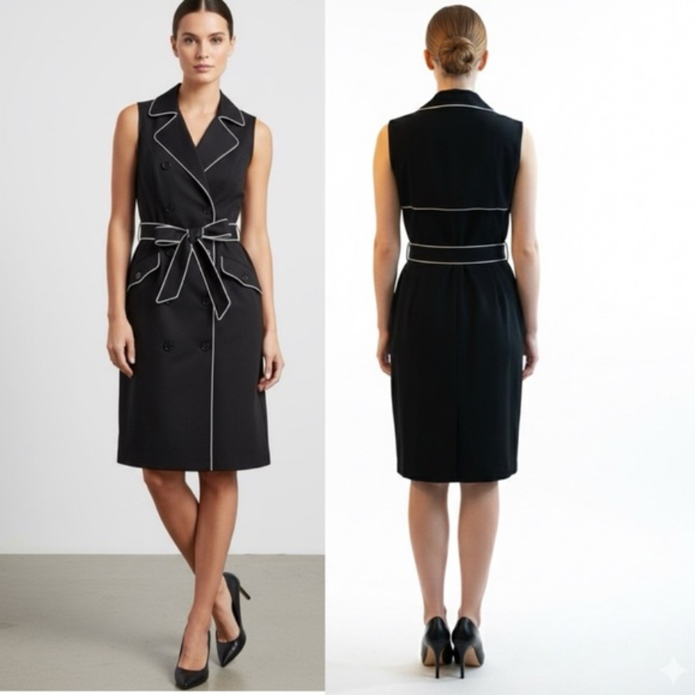 NWT Calvin Klein Trench Sleeveless Dress Black with white trim women’s size 4